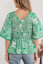 Flirty Floral Smocked V Neck Blouse