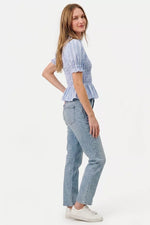 SO ME Stripe Smocked Bodice Puff Sleeves Blouse Top