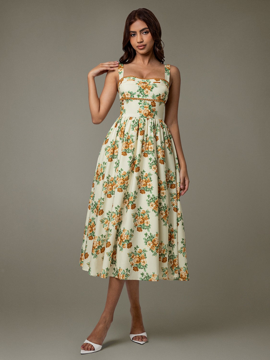 Lace Trim Floral Sleeveless Midi Dress - Ladyez