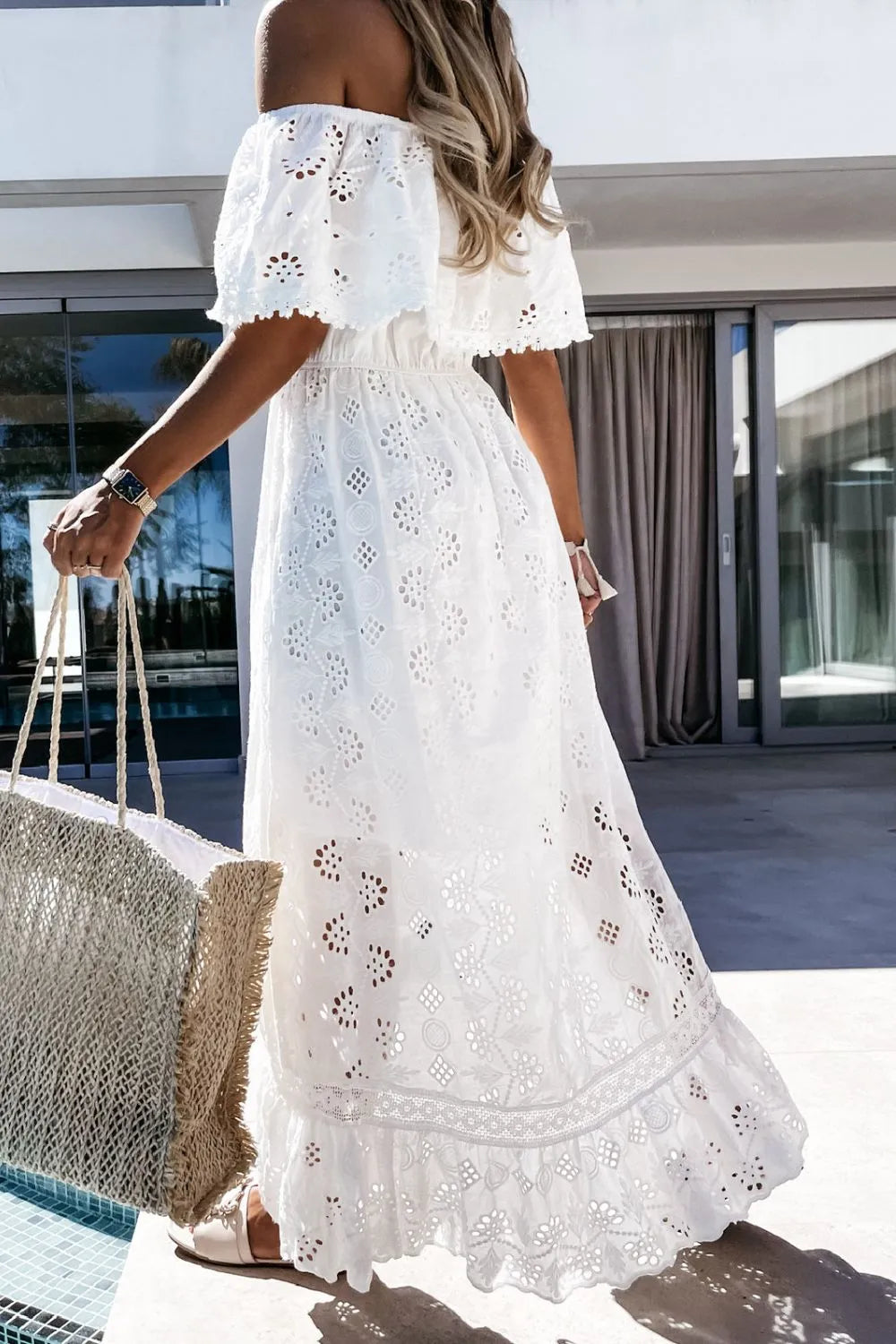 Off Shoulder Eyelet Lace Maxi Dress - Ladyez