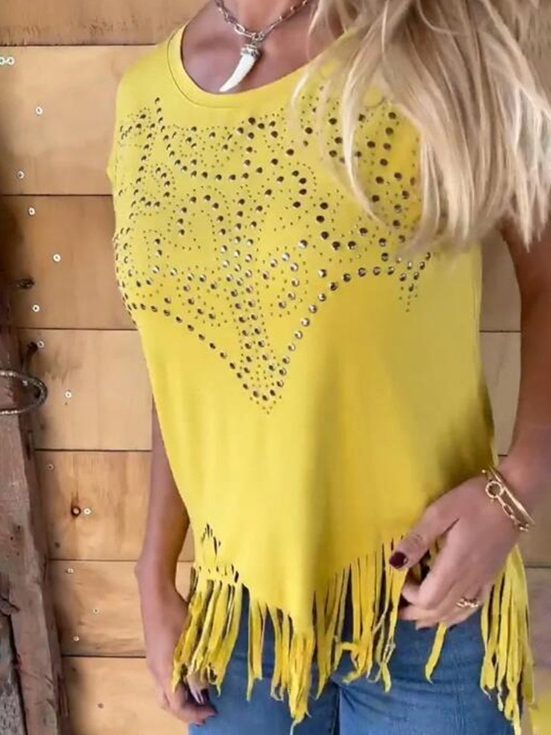 Studded Fringe Round Neck Cap Sleeve T-Shirt - Ladyez