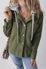 Drawstring Button Up Long Sleeve Hooded Jacket
