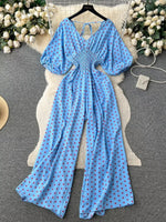 Smocked V-Neck Wide Leg Jumpsuit