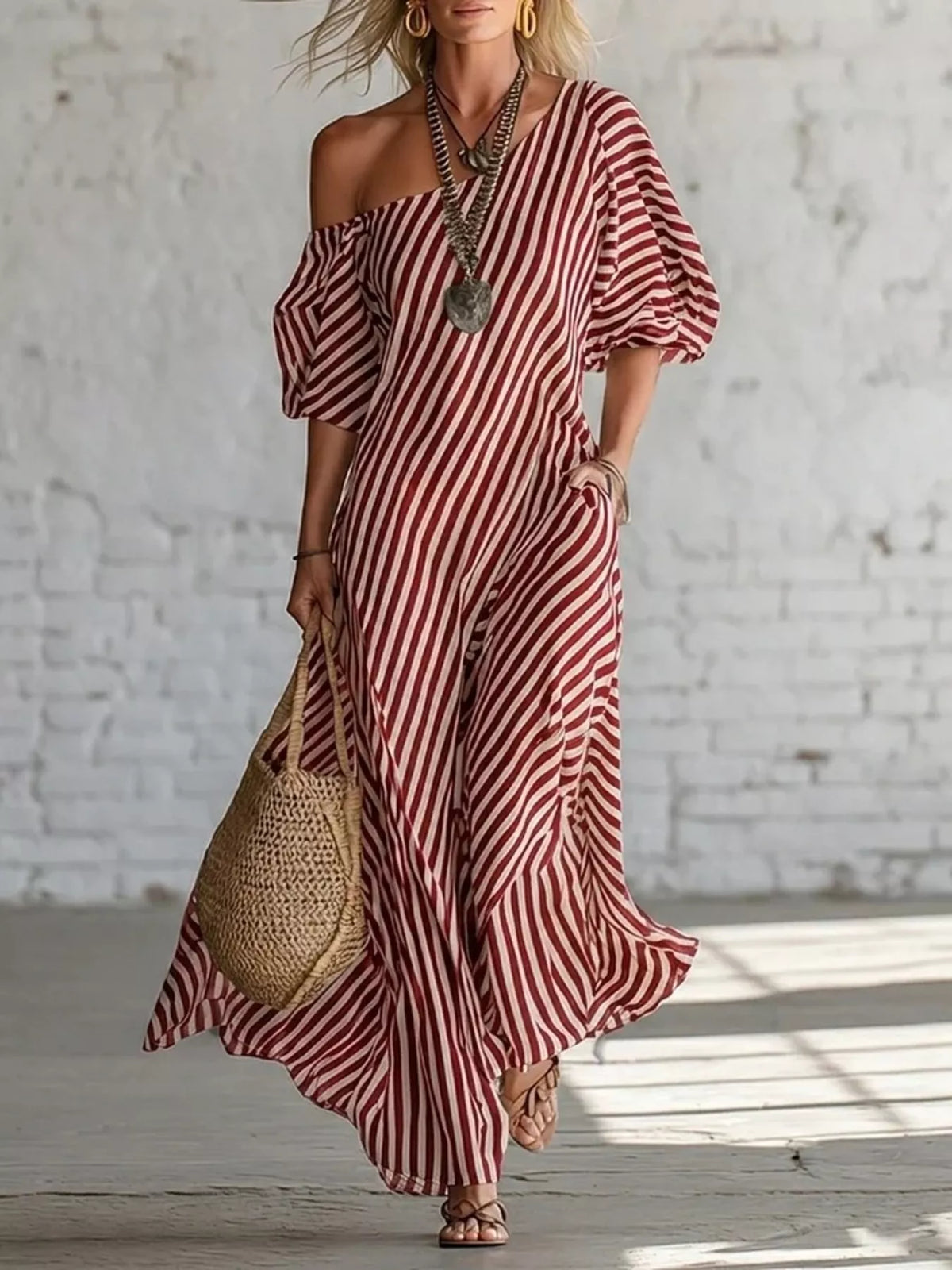 Full Size Striped One-Shoulder Casual Maxi Dress Plus Size