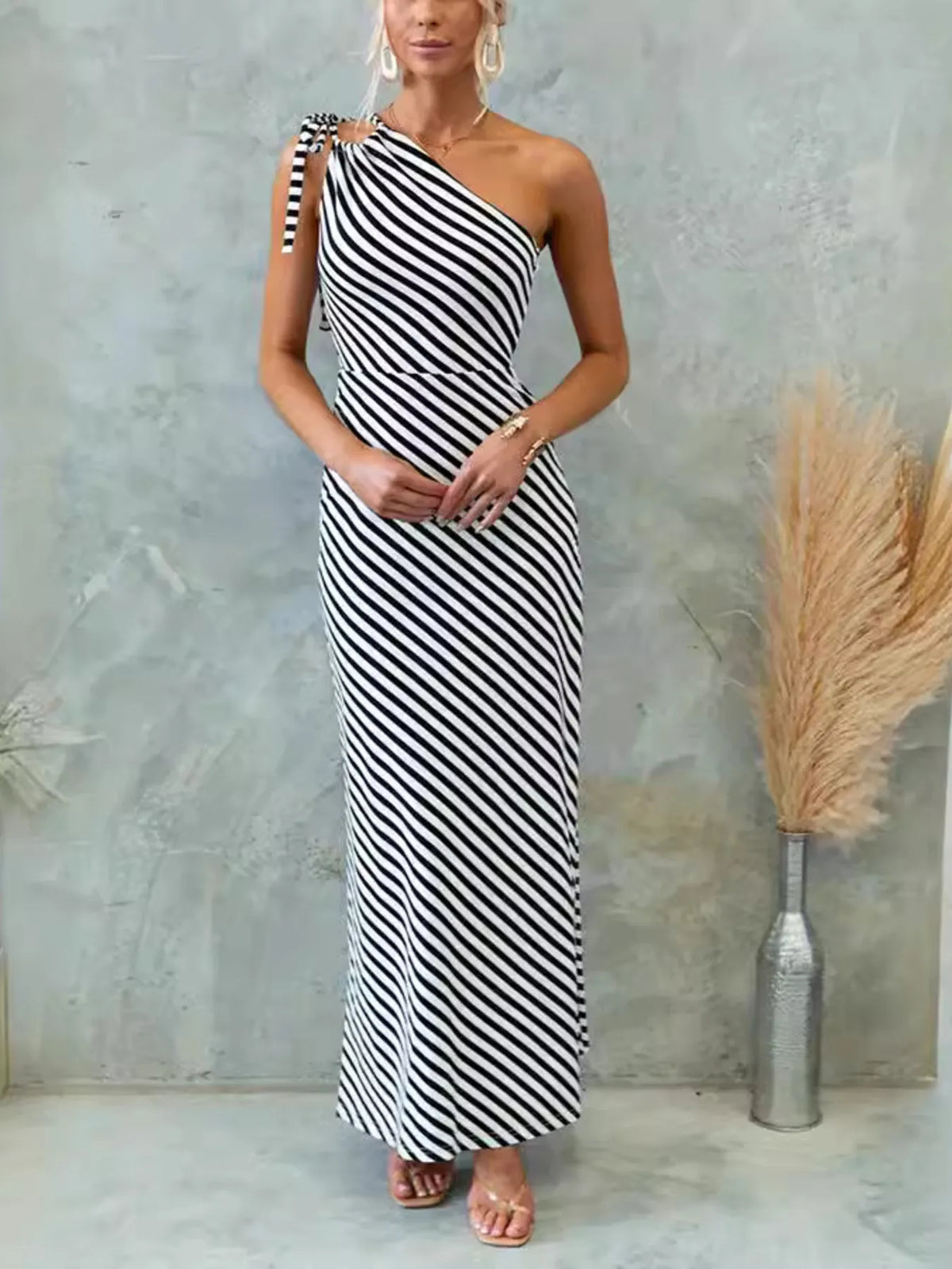 One Shoulder Striped Maxi Dress - Ladyez