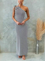 One Shoulder Striped Maxi Dress - Ladyez