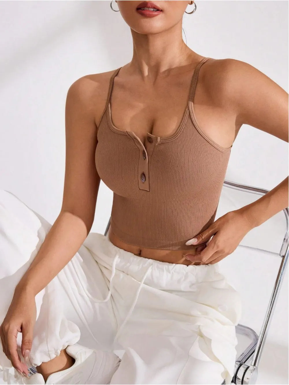 Ribbed Half Button Cropped Active Cami - Ladyez