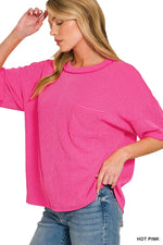 Zenana Raised Rib Short Sleeve Front Pocket Top