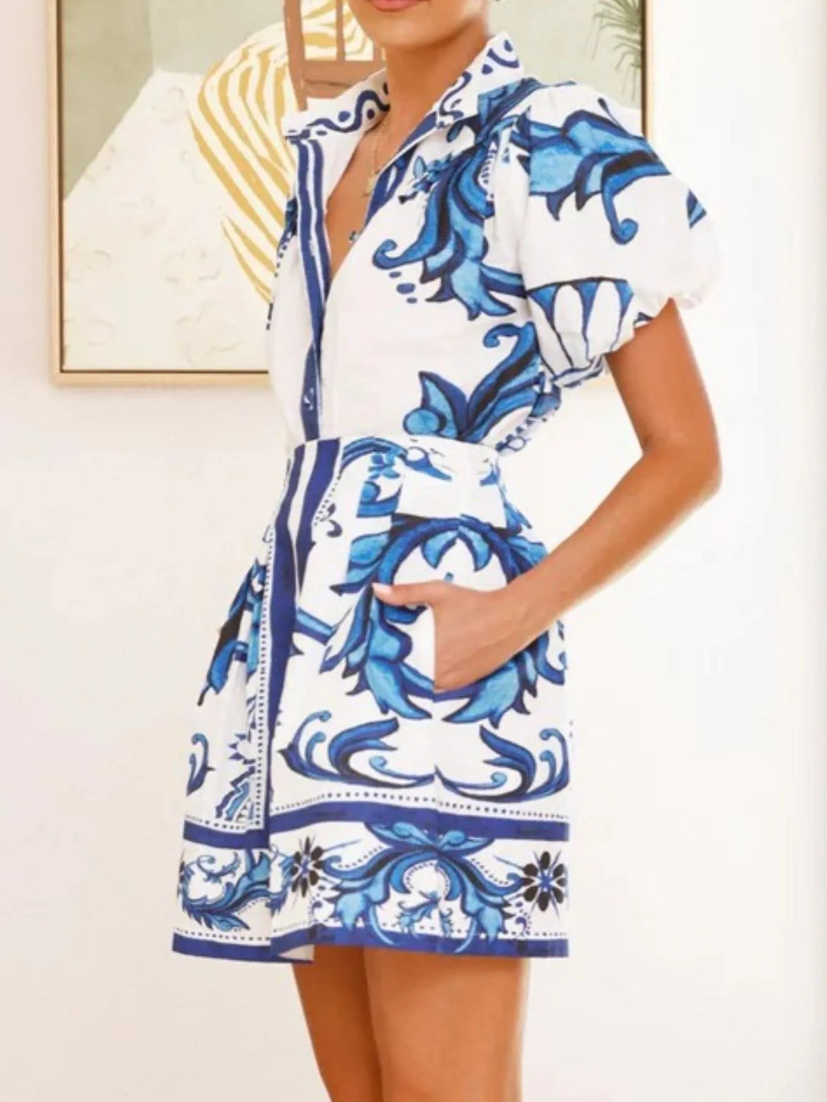 Puff Sleeve Printed Top and Zip Back Skirt Set - Ladyez