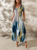 Tie-Dye V-Neck Short Sleeve Midi Tee Dress - Ladyez