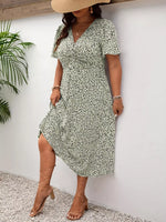 Plus Size Printed V-Neck Short Sleeve Midi Dress