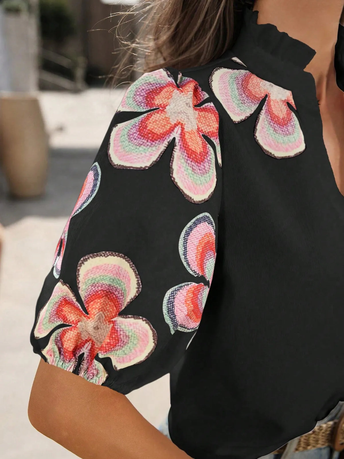 Floral Print Notched Puff Sleeve Blouse - Ladyez
