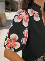 Floral Print Notched Puff Sleeve Blouse - Ladyez