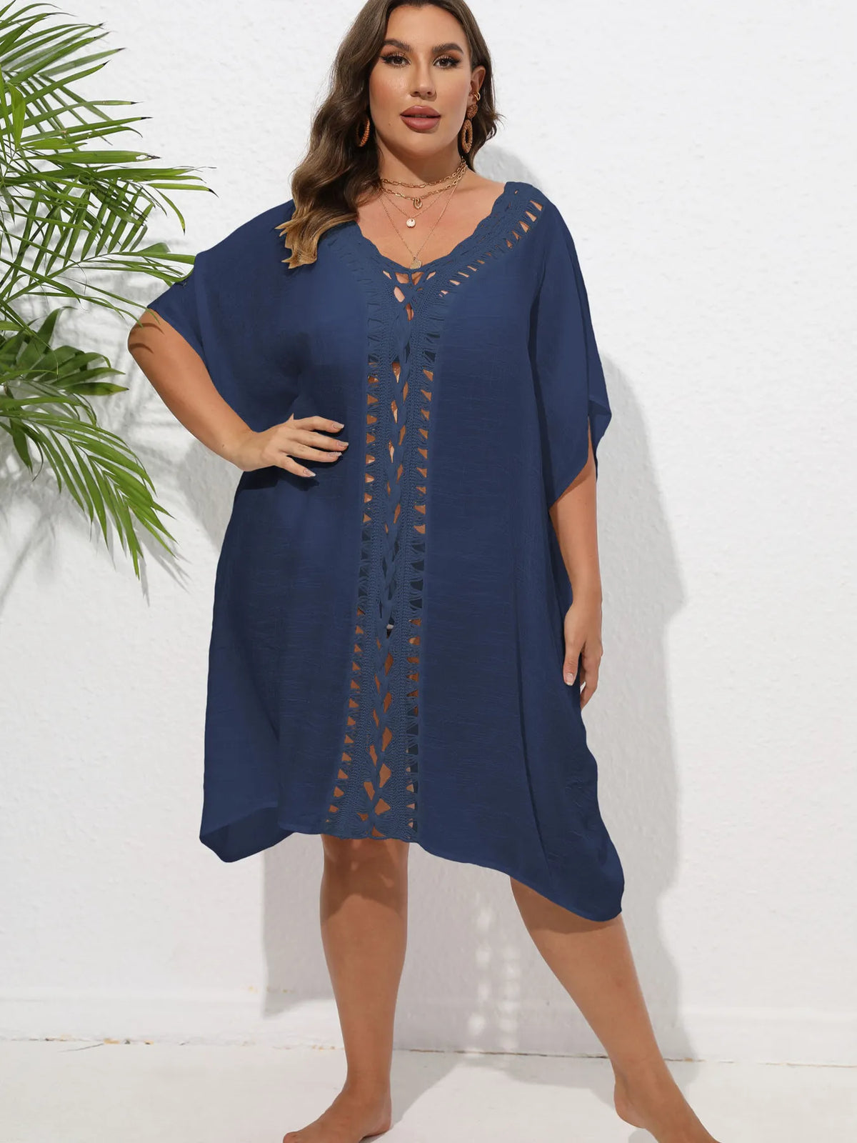 Crochet Trim V-Neck Beach Cover Up Dress - Ladyez