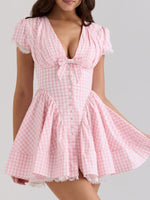 Gingham Ruffle Mini Dress with Lace Trim - Ladyez