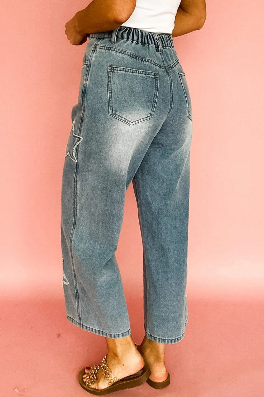 Star Embroidered High Waist Wide Leg Jeans - Ladyez