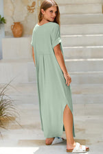 Slit Pocketed Short Sleeve Dress - Ladyez