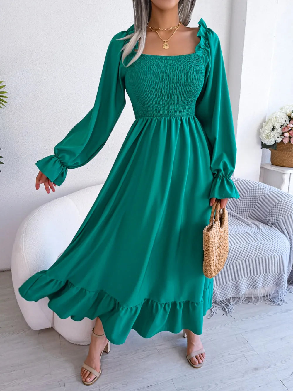 Smocked Square Neck Flounce Sleeve Dress - Ladyez
