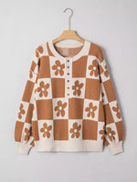 Flower Plaid Henley Baggy Sweater