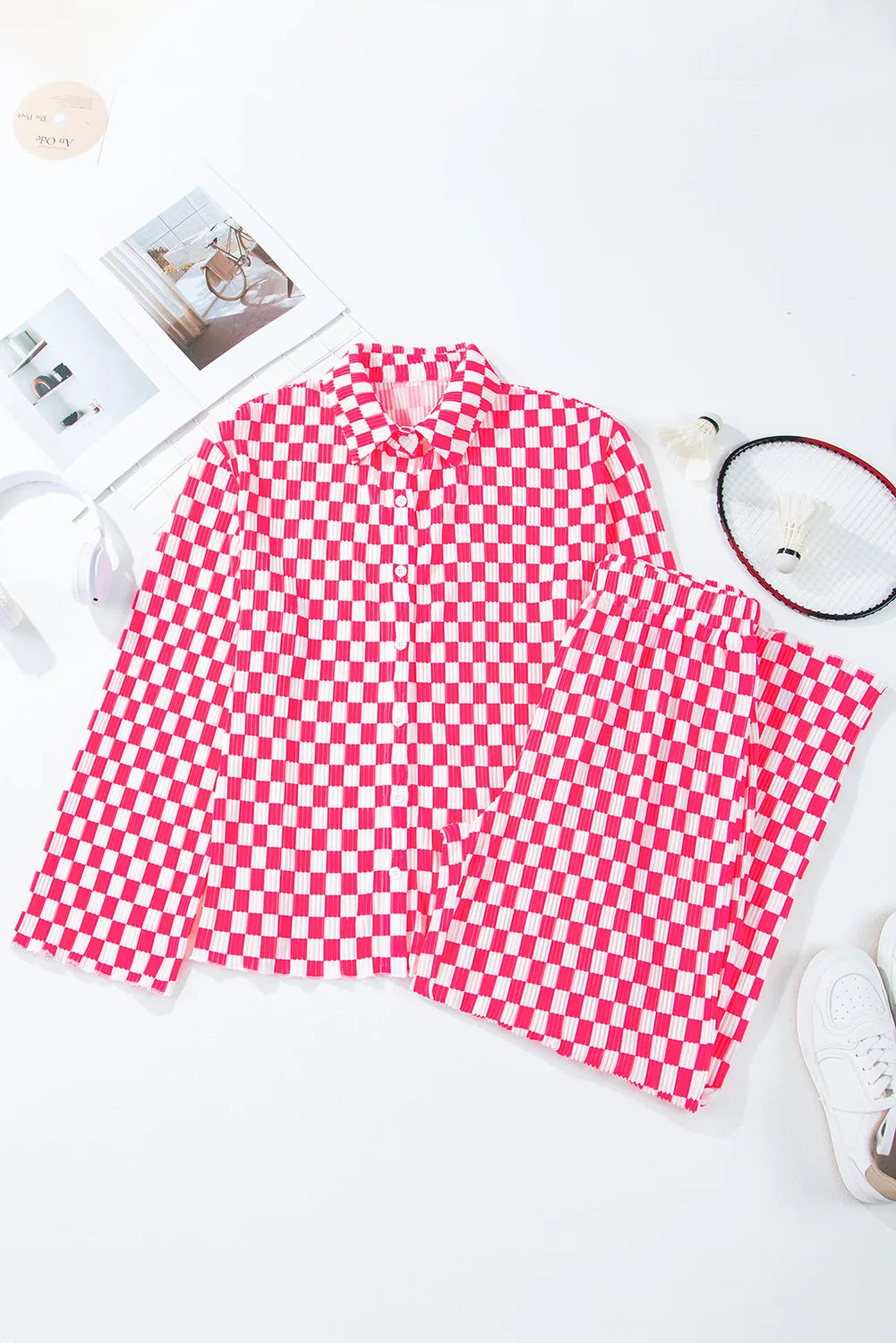 Checkered Button Up Top and Pants Lounge Set - Ladyez