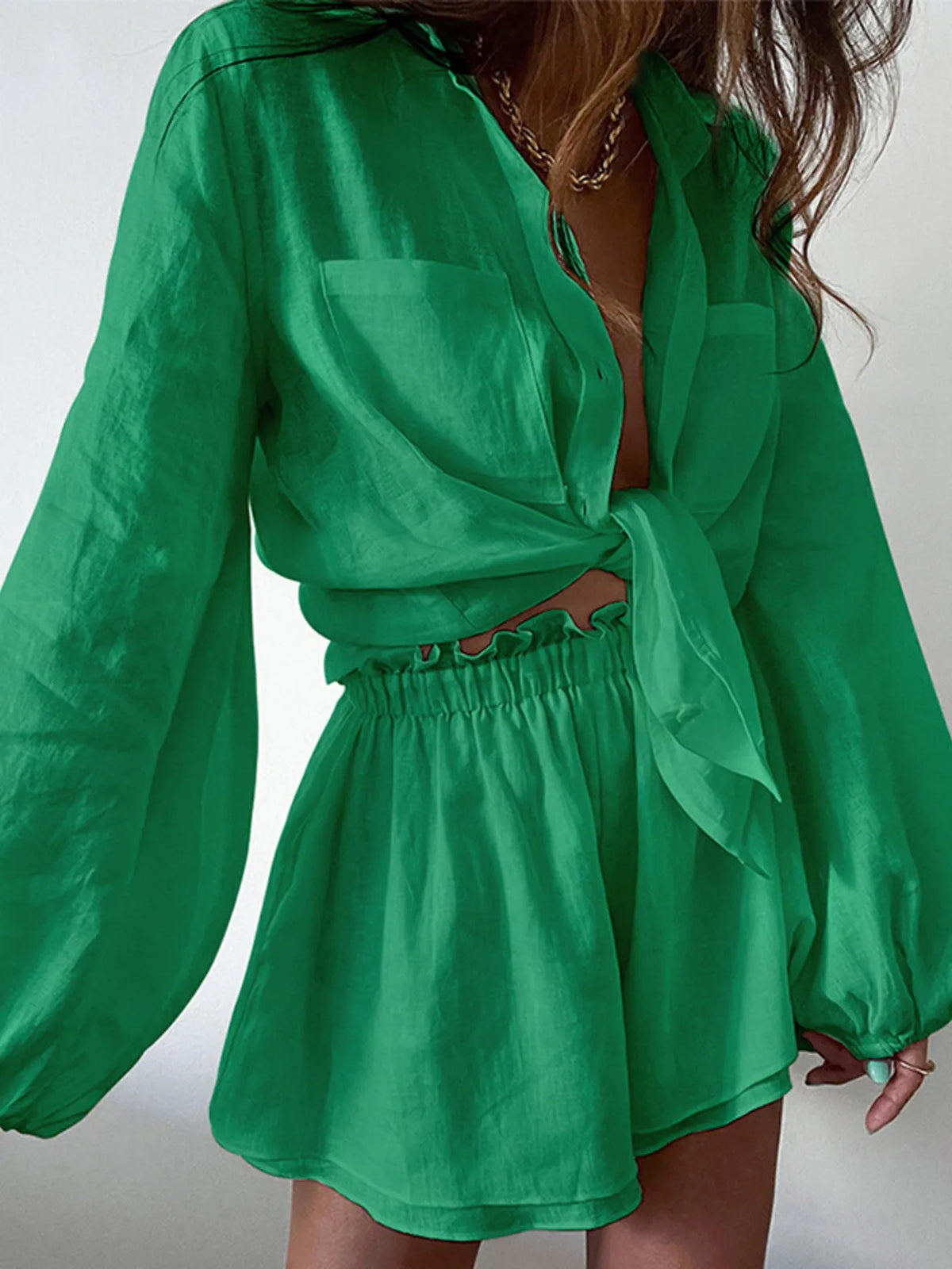 Full Size Button Up Balloon Sleeve Top and Shorts Set Plus Size - Ladyez