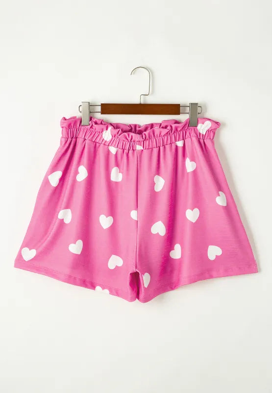 Heart Round Neck Long Sleeve Top and Elastic Waist Shorts Set - Ladyez