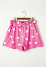 Heart Round Neck Long Sleeve Top and Elastic Waist Shorts Set - Ladyez