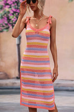 Striped Tie Shoulder Split Cover Up Dress - Ladyez