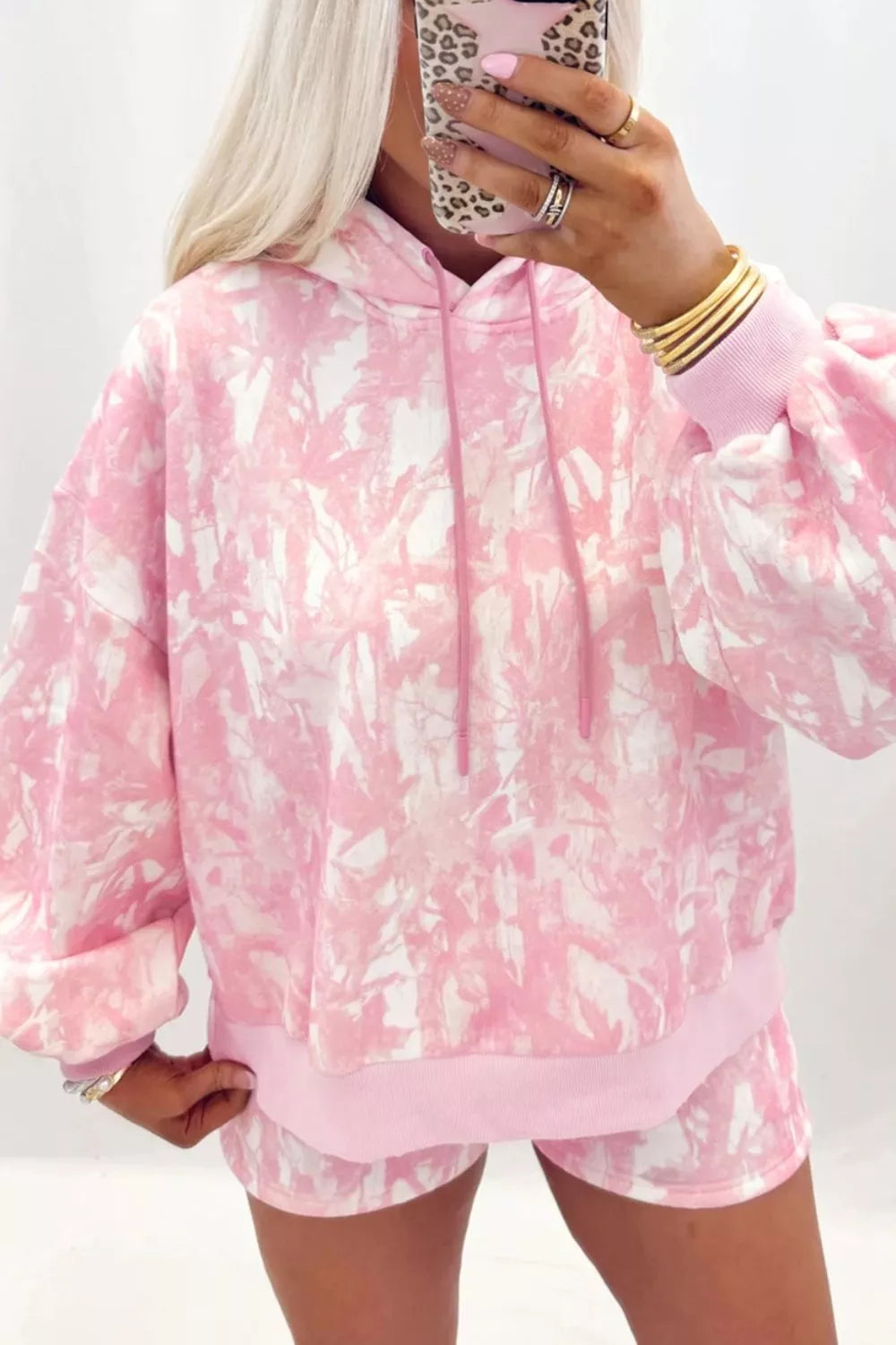 Abstract Print Loose Hoodie Slim Shorts 2pcs Set