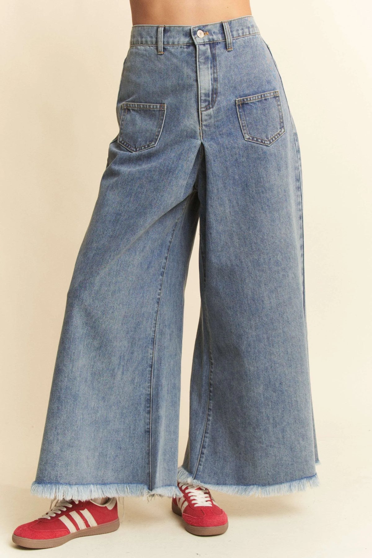 Davi & Dani Patch Pocket Wide Leg Culotte Jeans - Ladyez