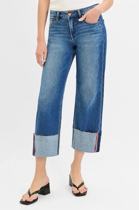 RISEN Full Size Tummy Control Mid Rise Crop Wide Cuffed Jeans Plus Size - Ladyez
