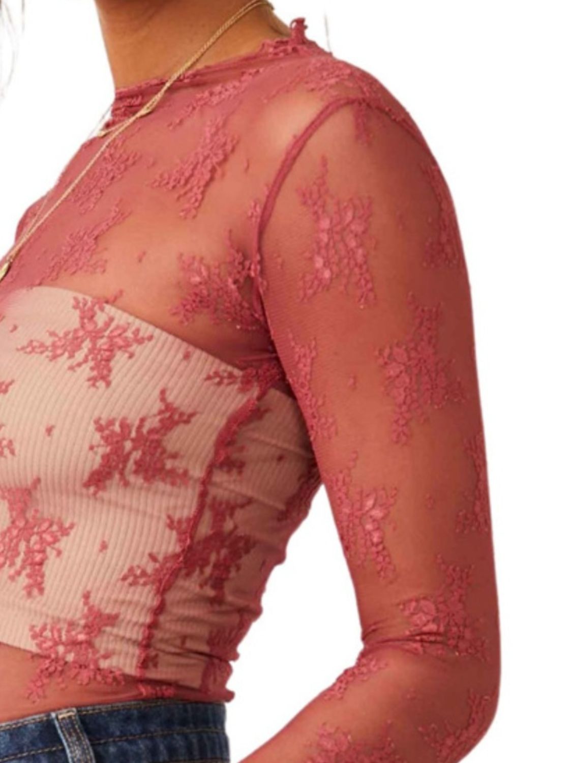 Lace Mock Neck Long Sleeve Blouse - Ladyez