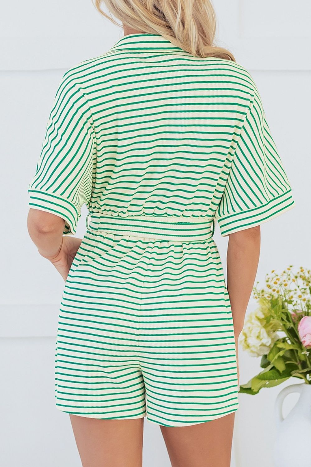 Striped Half Sleeve Tie Waist Romper - Ladyez