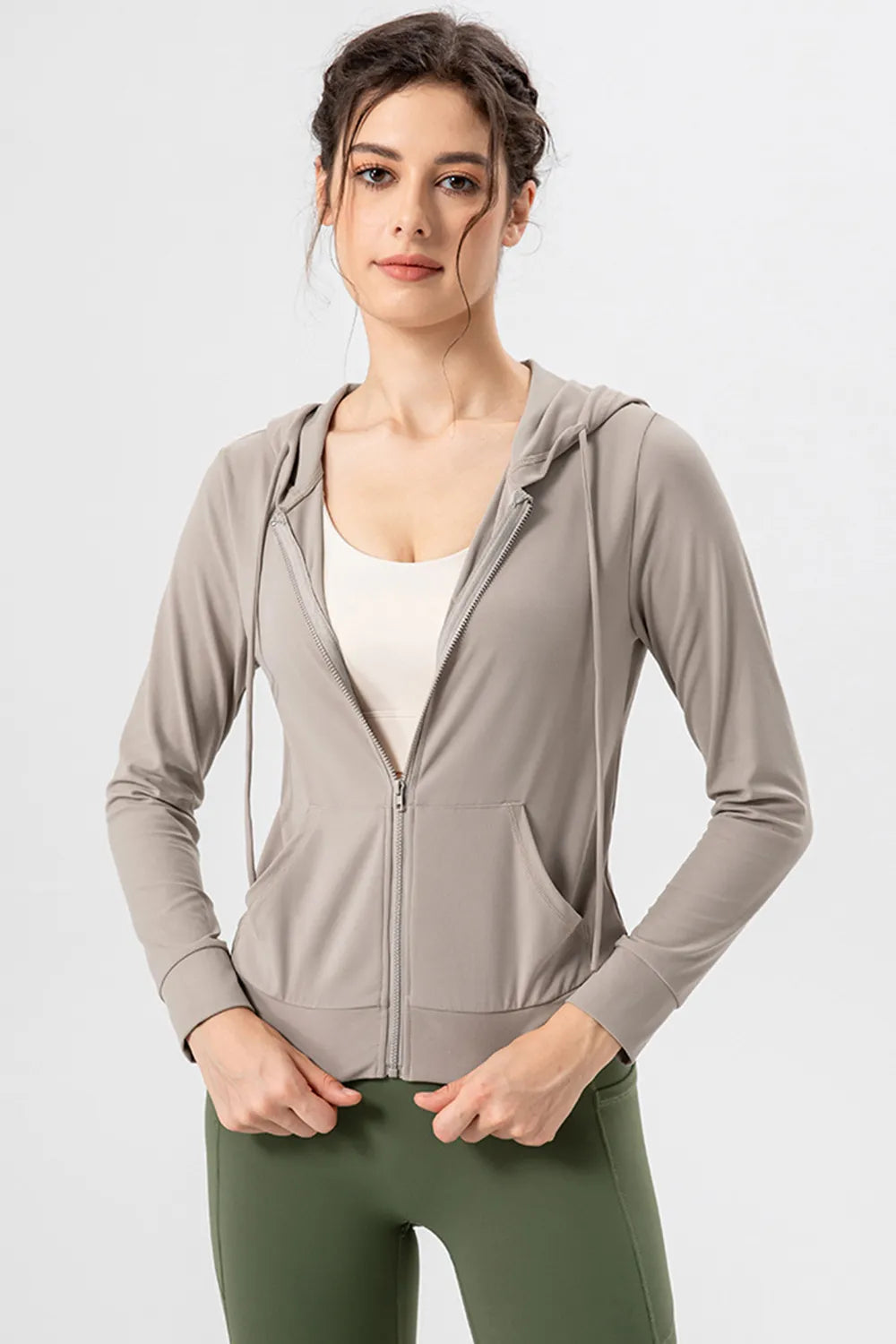 Drawstring Zip Up Hooded Active Outerwear - Ladyez