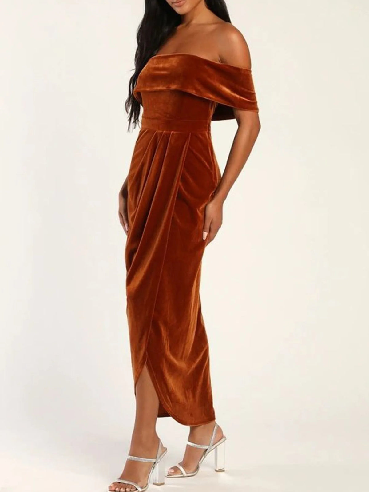 Off-Shoulder Wrap Dress with Side Slit - Ladyez