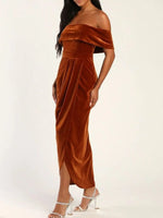 Off-Shoulder Wrap Dress with Side Slit - Ladyez