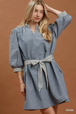 Umgee Textured Contrast Trim Tie Waist Mini Dress