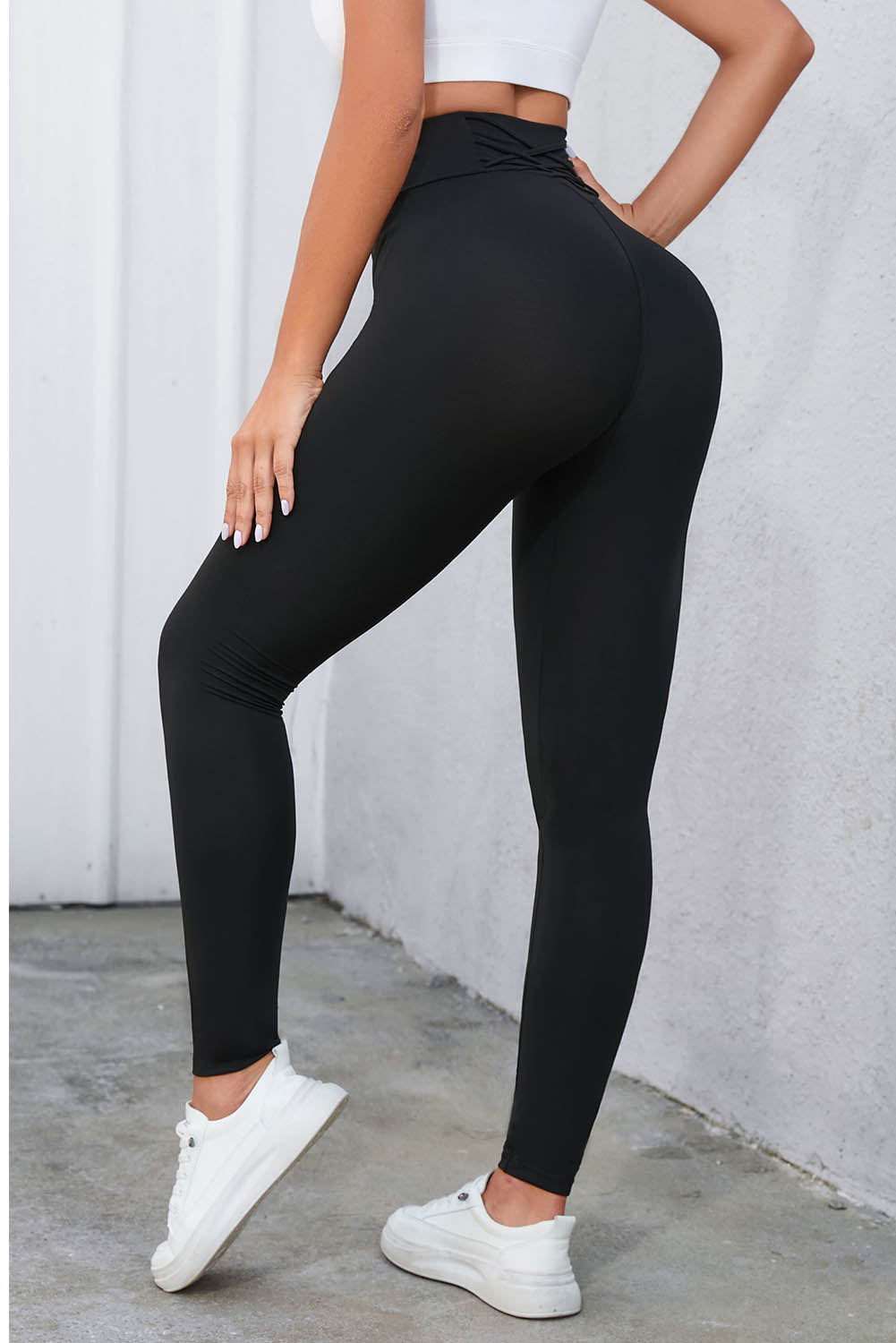 Crisscross Detail Wide Waistband Leggings - Ladyez