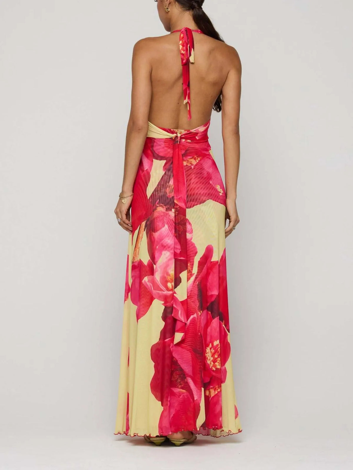 Floral Halter Neck Deep V Maxi Dress - Ladyez