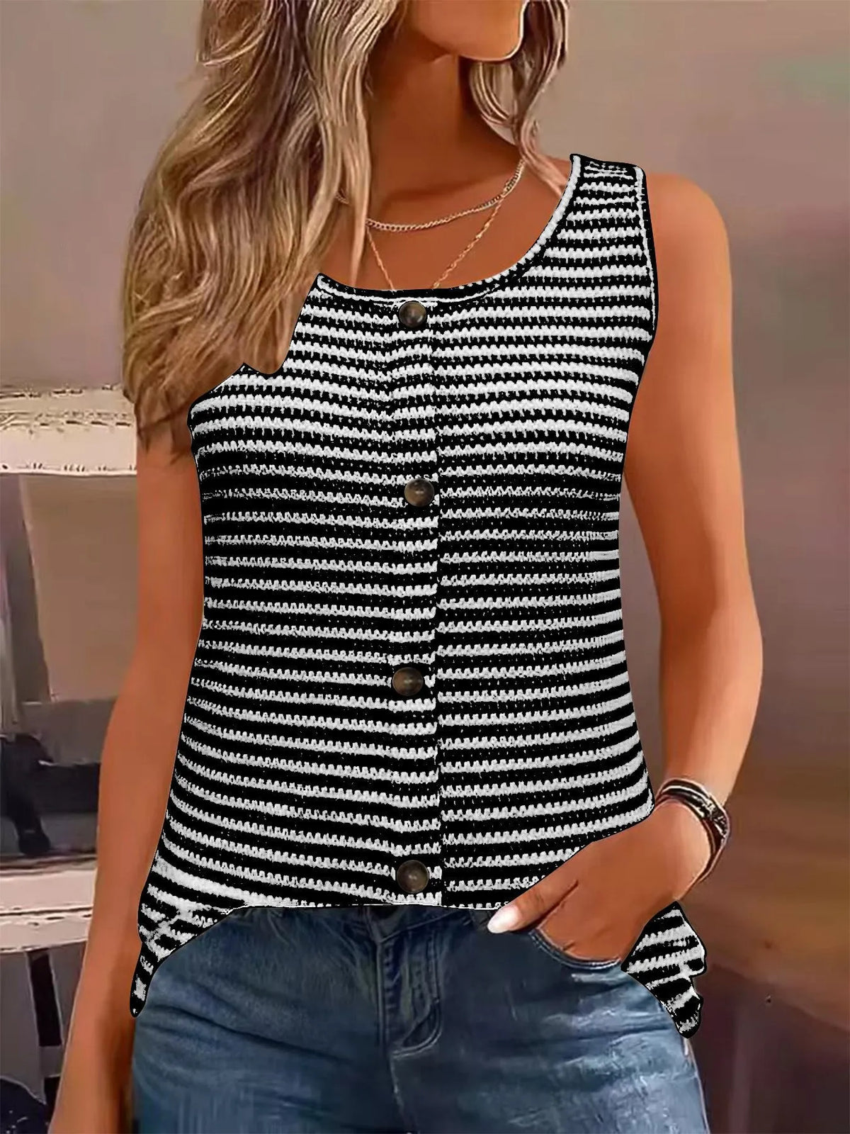 Striped Round Neck Tank Top - Ladyez