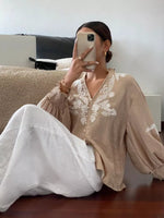 Embroidered Notched Long Sleeve Blouse