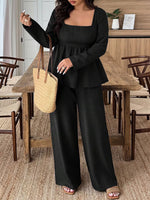 Plus Size Square Neck Long Sleeve Top and Pants Two-Piece Set