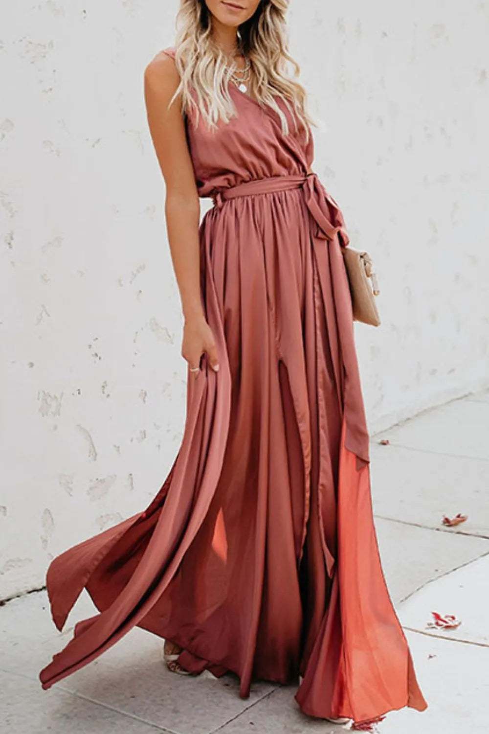 Surplice Tie Waist Maxi Dress - Ladyez