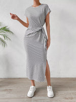 Striped Tie Side Casual Midi Dress