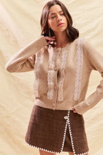SO ME Front Lace Trim Button Cardigan Sweater