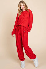 Super Lady Full Size Crinkle Check Round Neck Top and Pants Lounge Set - Ladyez