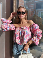 Printed Off-Shoulder Flounce Sleeve Blouse - Ladyez