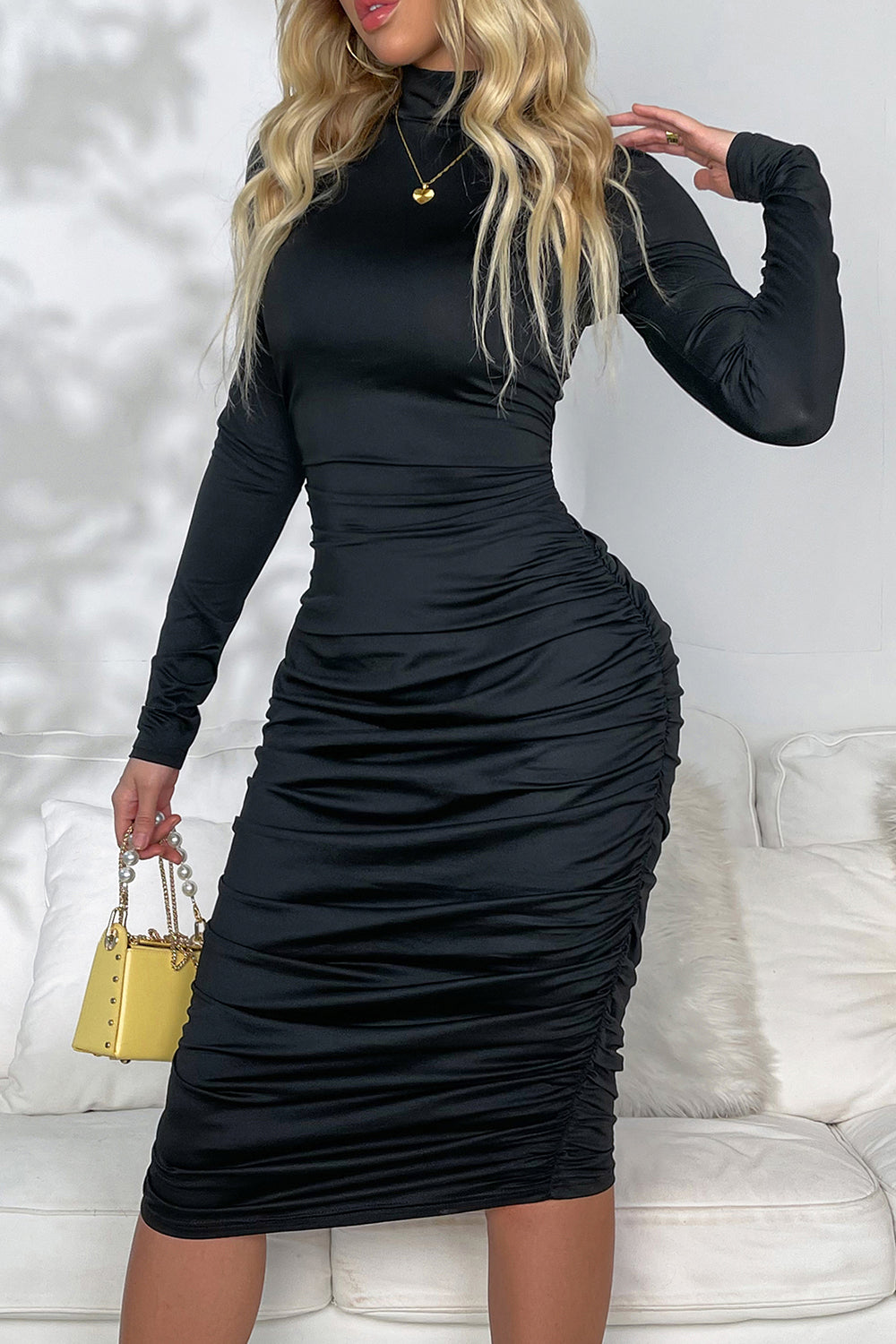 Ruched Mock Neck Long Sleeve Dress - Ladyez