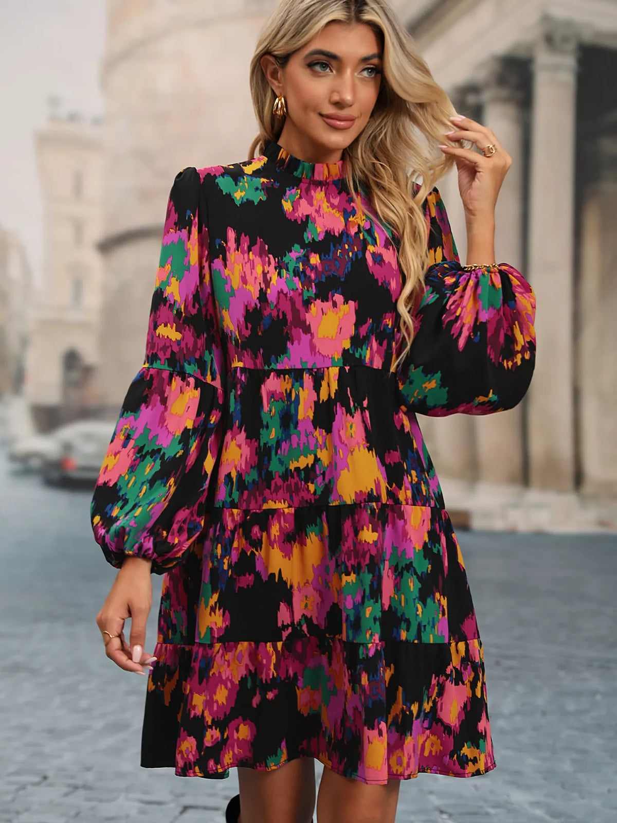 Printed Balloon Sleeve Mini Dress