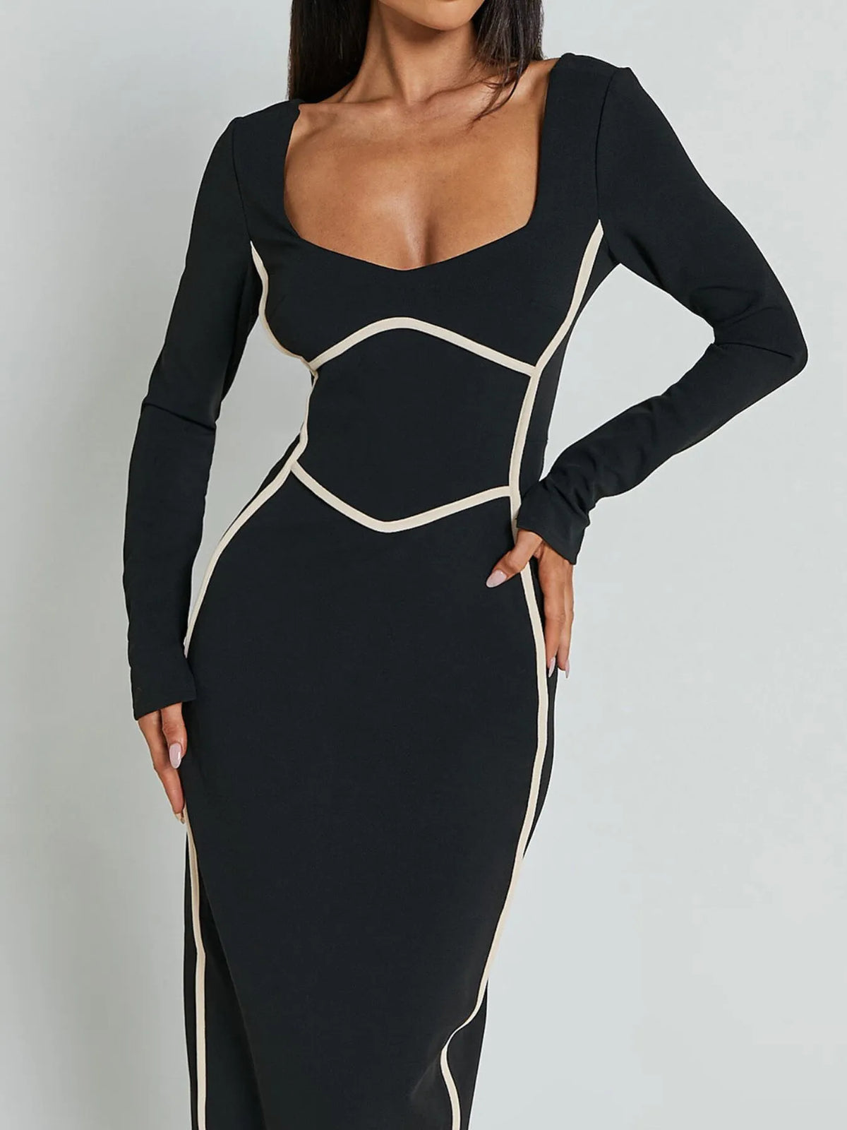 Contrast Trim Long Sleeve Bodycon Maxi Dress - Ladyez